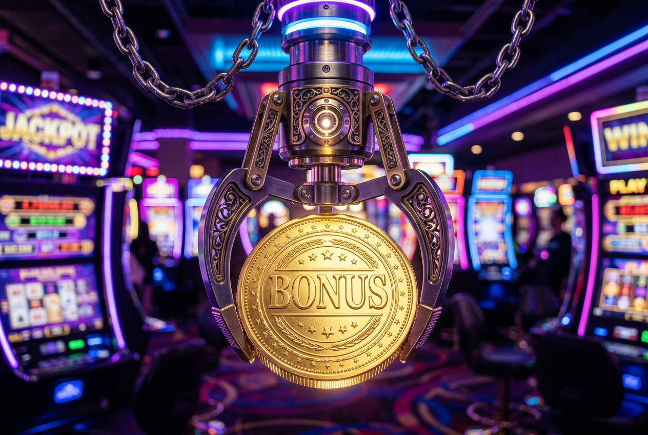 A luxury arcade claw grasping a gold bonus coin.