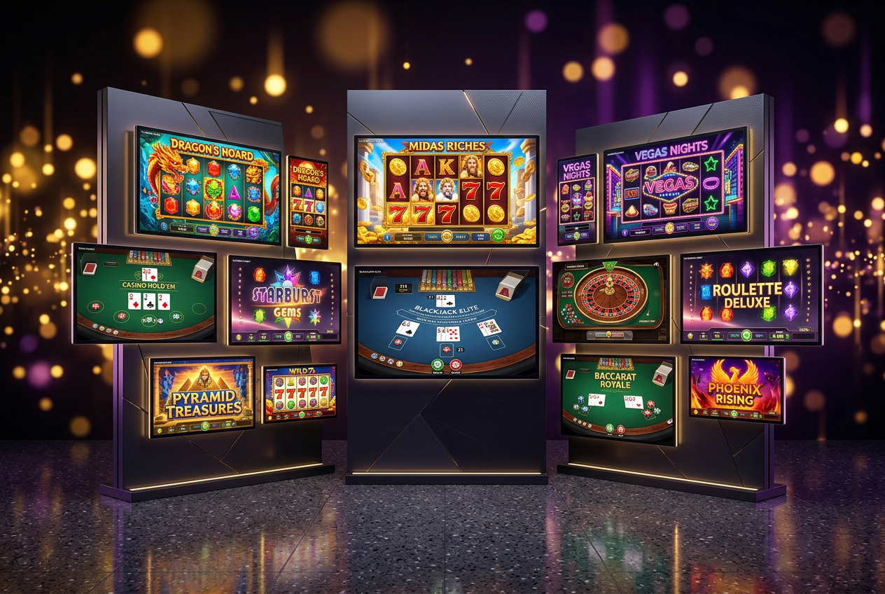 A sleek gallery of digital casino game screens.