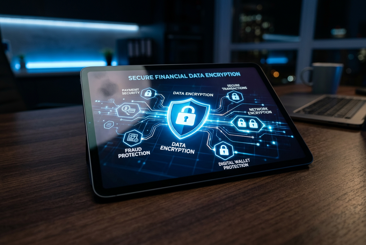 Conceptual visualization of secure financial data encryption.