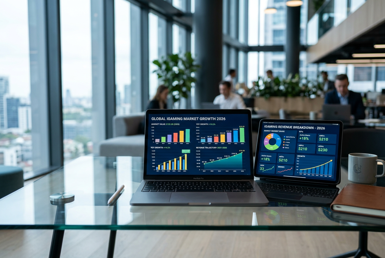 Professional financial dashboard showing iGaming market trends and bonus statistics.