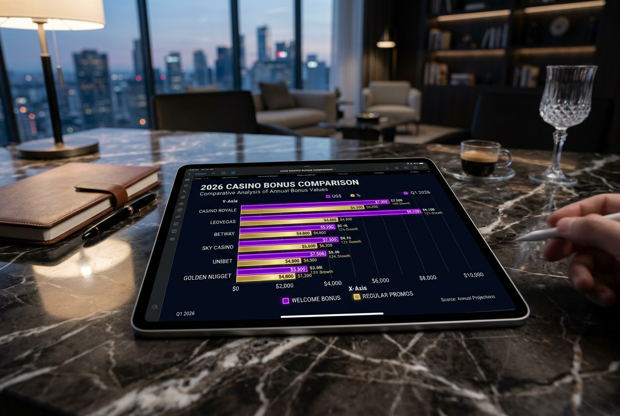 A futuristic tablet displaying a comparative analysis of casino bonus offers for 2026.