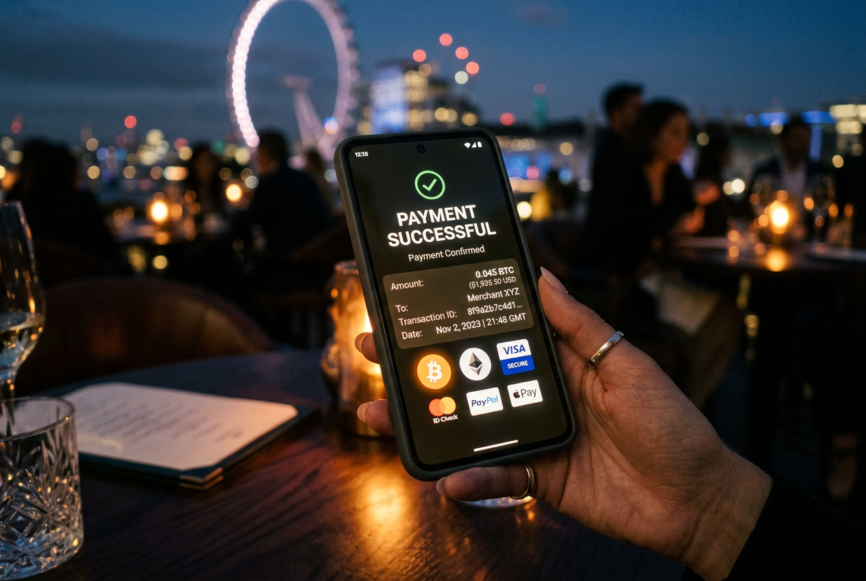 A smartphone showing secure payment confirmation in a high-end setting.